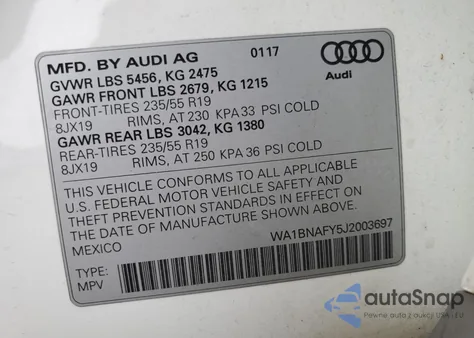 2018 Audi Q5 Premium Plus z USA, uszkodzony, nr VIN WA1BNAFY5J2003697